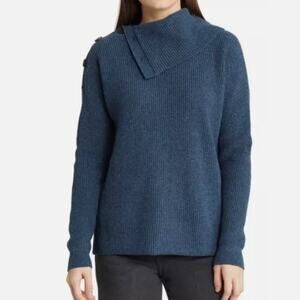 Madewell Women's Long Sleeve Button-Shoulder Turtleneck Sweater Size S Blue NWT